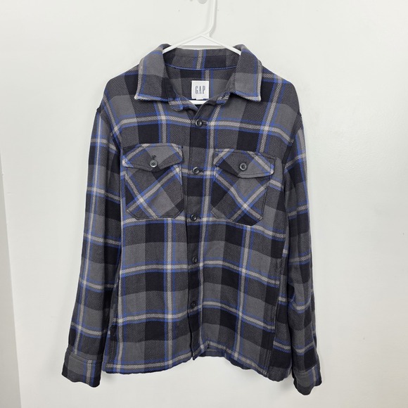 Gap Men's Gray Blue Plaid Relaxed Flannel Button Up Shirt Jacket Shacket Size S - Picture 2 of 8